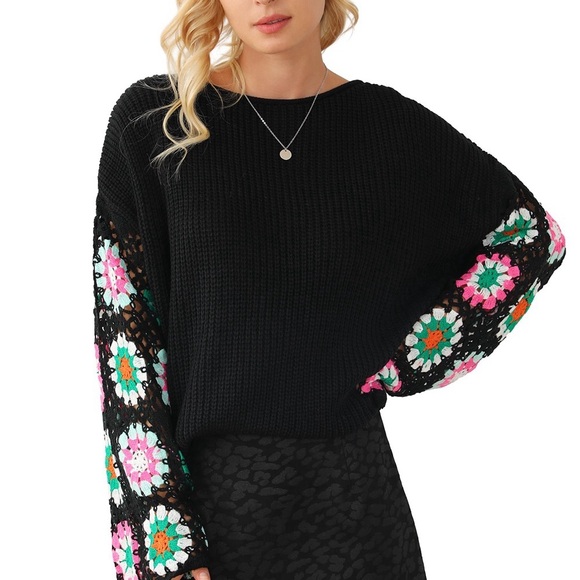 Black Floral Crochet Bell Sleeve Loose sweater Bohemian Blouse - Picture 13 of 16